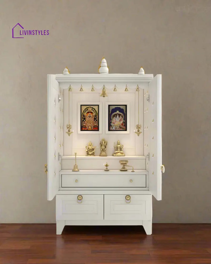Yulia Solid Wood Pooja Mandir for Home with Doors | Handcrafted Home Temple - White