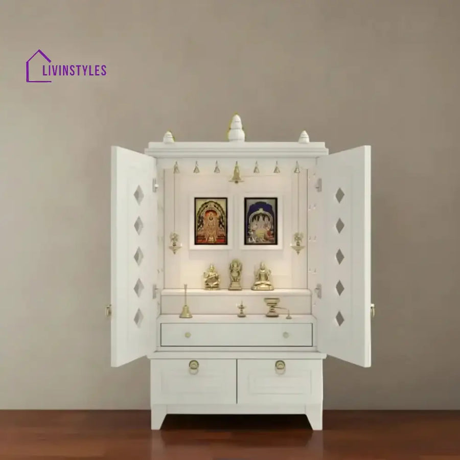 Yulia Solid Wood Pooja Mandir for Home with Doors | Handcrafted Home Temple - White