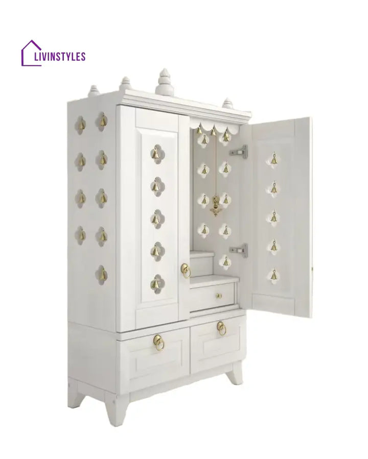 Yulia Solid Wood Pooja Mandir for Home with Doors | Handcrafted Home Temple - White