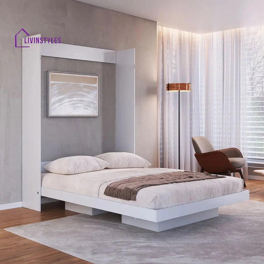 Yulka White Finish Wall Mounted Bed with Shelves