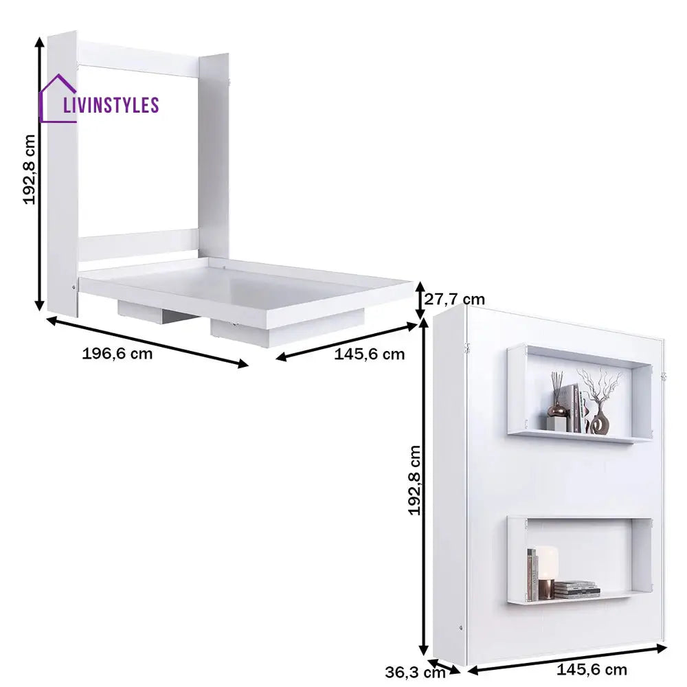 Yulka White Finish Wall Mounted Bed with Shelves