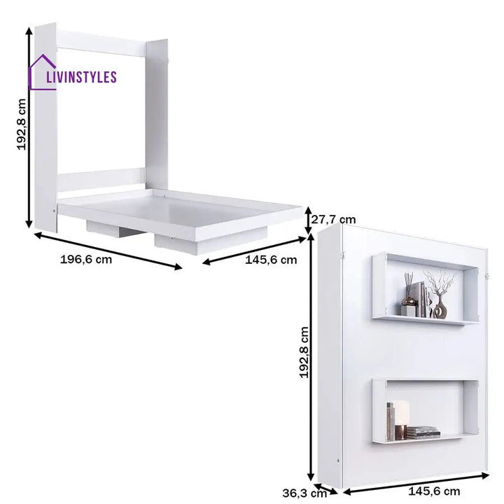 Yulka White Finish Wall Mounted Bed with Shelves