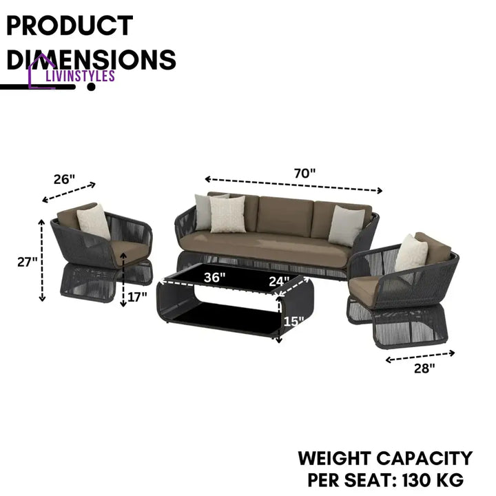 Yumna Outdoor Braided Rope Sofa Set With 2-Tier Glass Top Table - Sofa Set