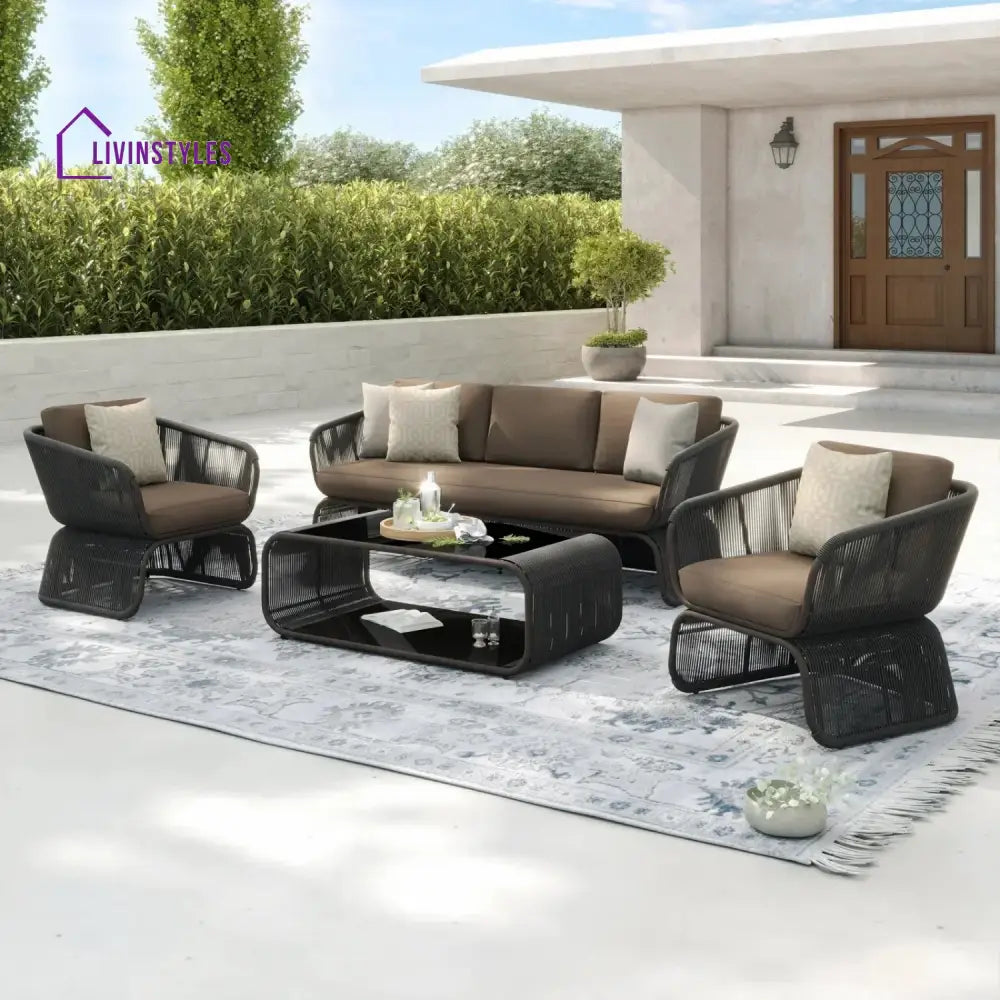 Yumna Outdoor Braided Rope Sofa Set With 2-Tier Glass Top Table - Sofa Set