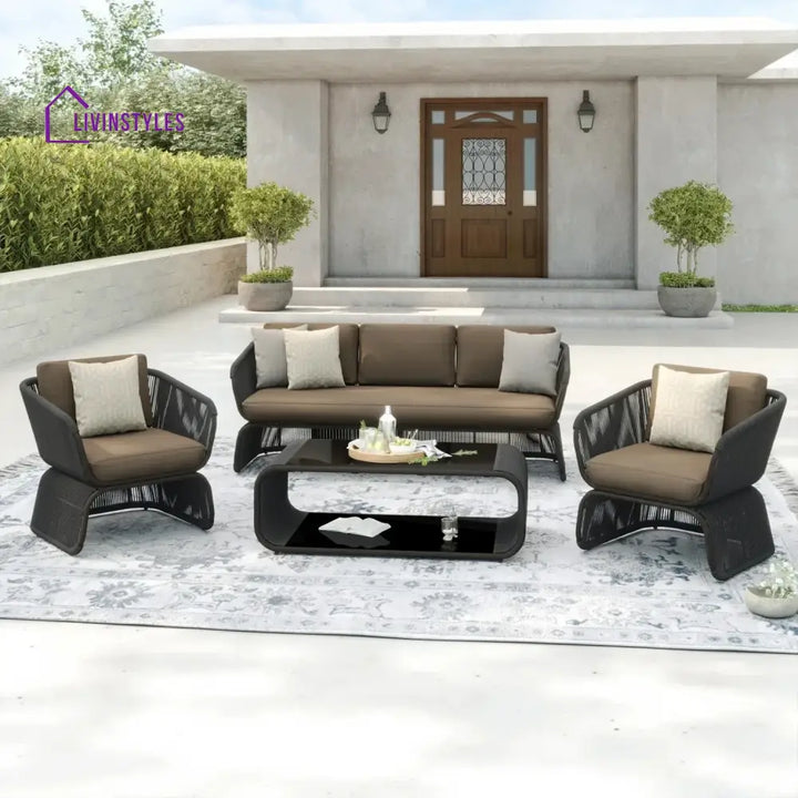 Yumna Outdoor Braided Rope Sofa Set With 2-Tier Glass Top Table - Sofa Set