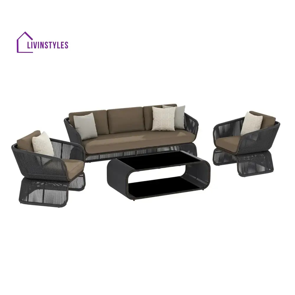Yumna Outdoor Braided Rope Sofa Set With 2-Tier Glass Top Table - Sofa Set