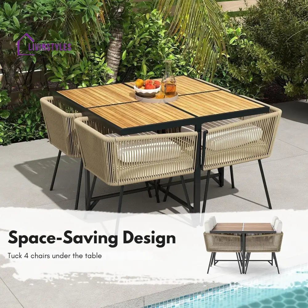 Yun 5-Piece Outdoor Patio Dining Set with Square Wood Tabletop - Dining Set