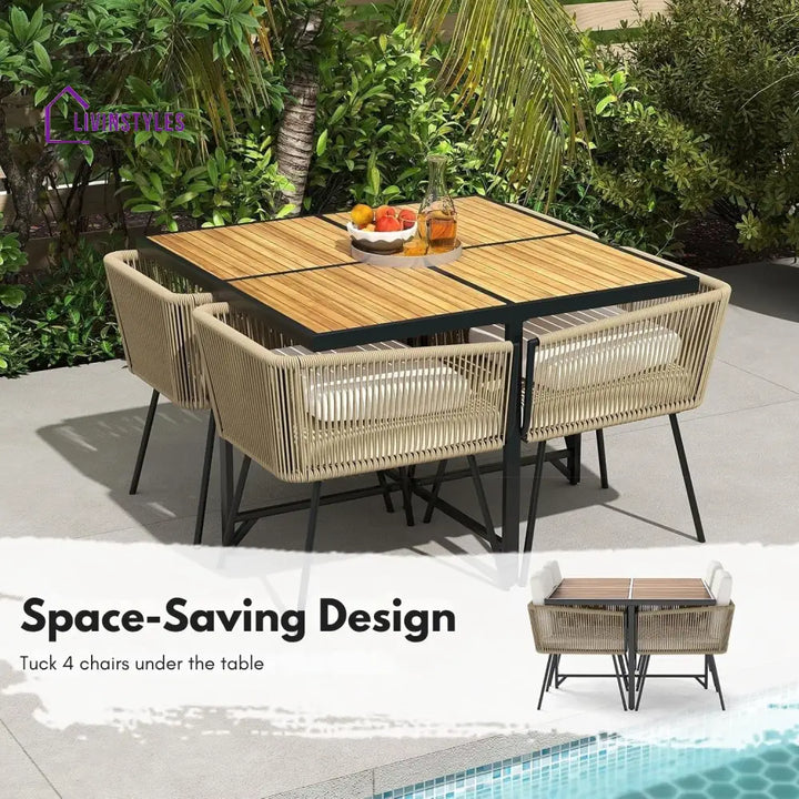 Yun 5-Piece Outdoor Patio Dining Set with Square Wood Tabletop - Dining Set