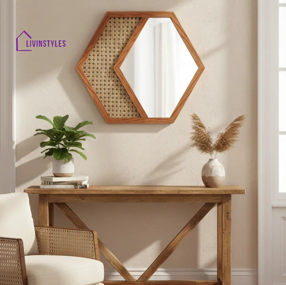 ADOUER WOOD Hexagonal Acacia Wood Wall Mirror with Natural Cane Webbing - Wall Mirror