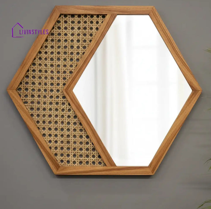ADOUER WOOD Hexagonal Acacia Wood Wall Mirror with Natural Cane Webbing - Wall Mirror