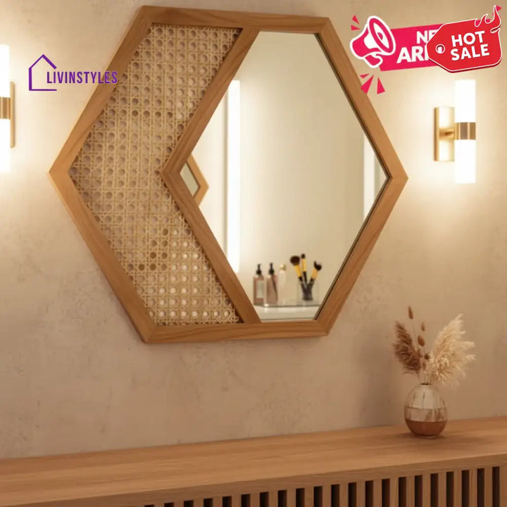 ADOUER WOOD Hexagonal Acacia Wood Wall Mirror with Natural Cane Webbing - Wall Mirror