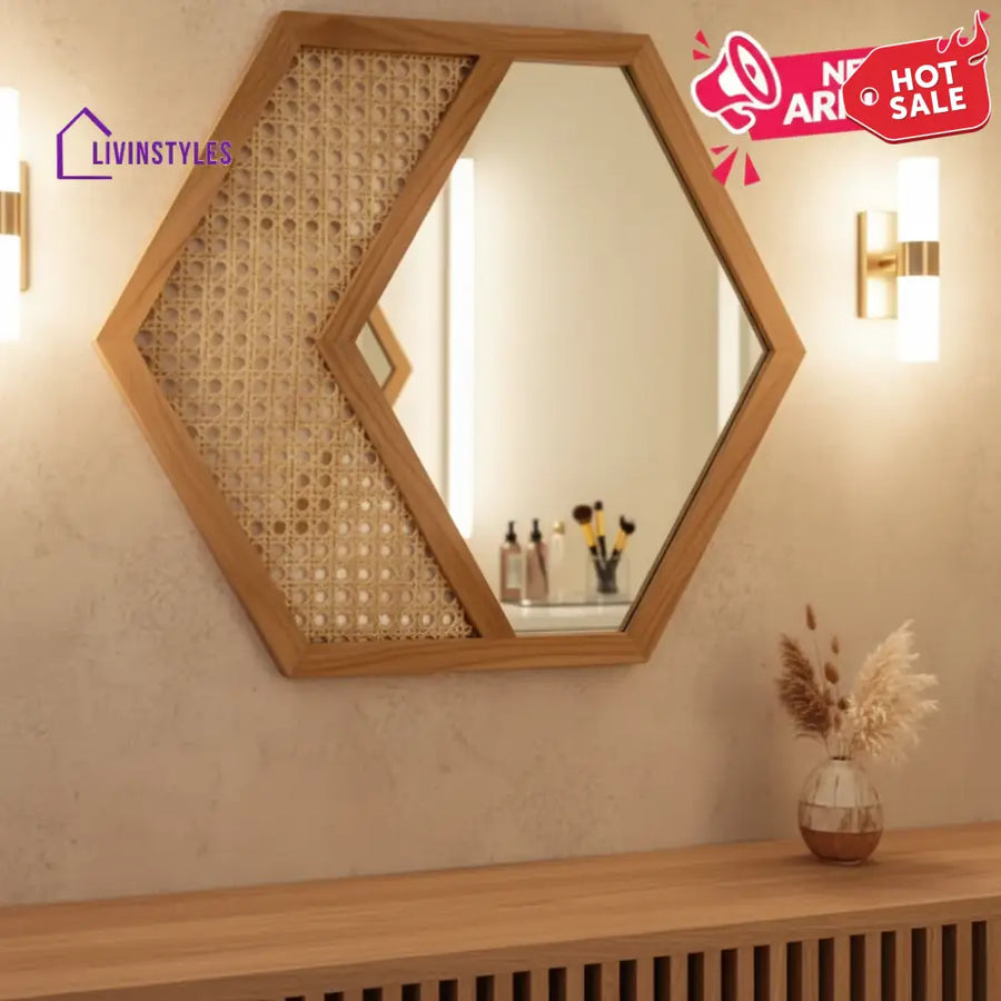 ADOUER WOOD Hexagonal Acacia Wood Wall Mirror with Natural Cane Webbing - Wall Mirror