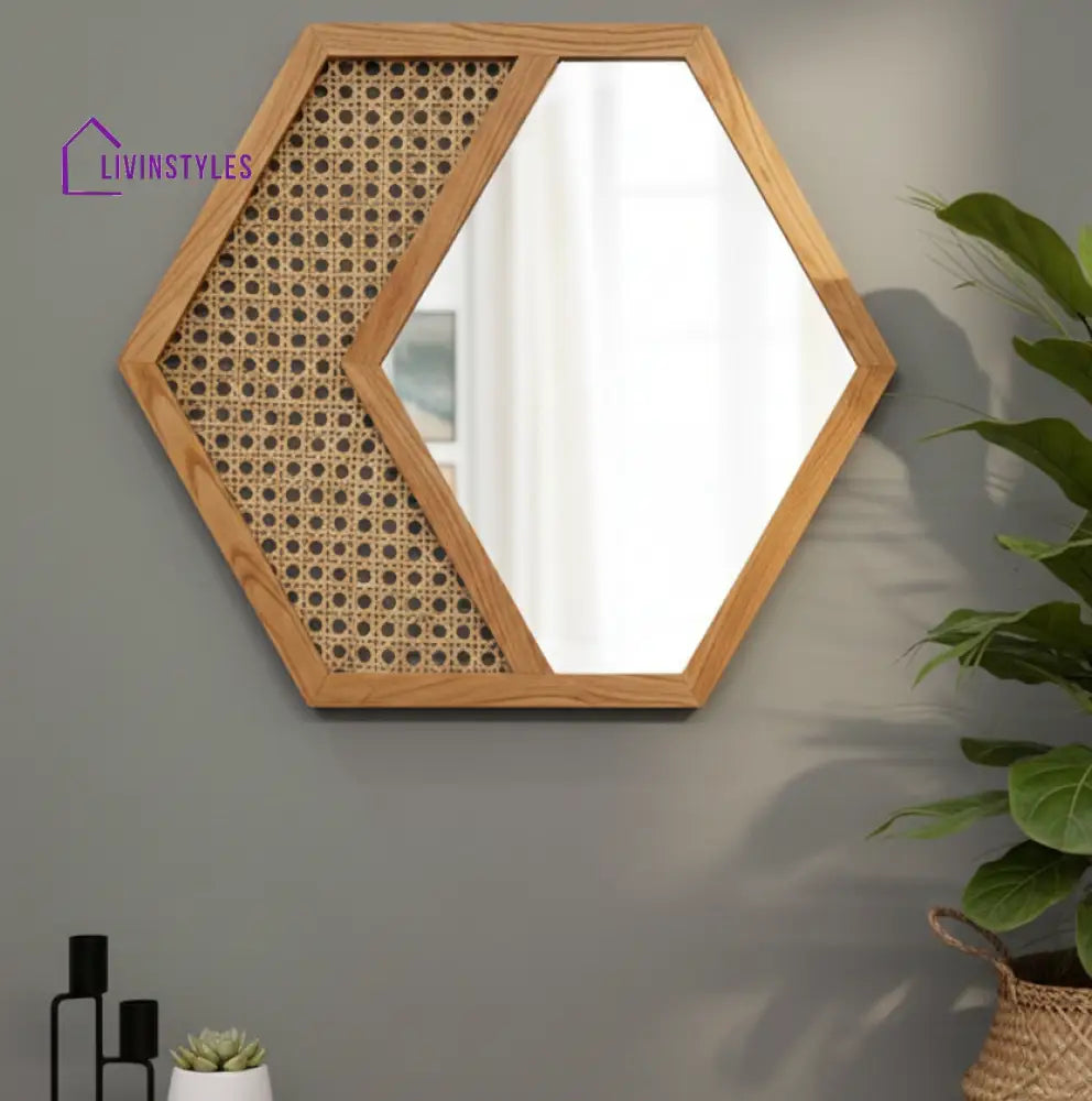 ADOUER WOOD Hexagonal Acacia Wood Wall Mirror with Natural Cane Webbing - Wall Mirror