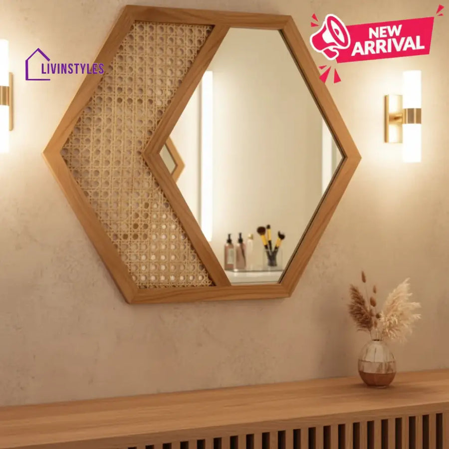 ADOUER WOOD Hexagonal Acacia Wood Wall Mirror with Natural Cane Webbing - Wall Mirror