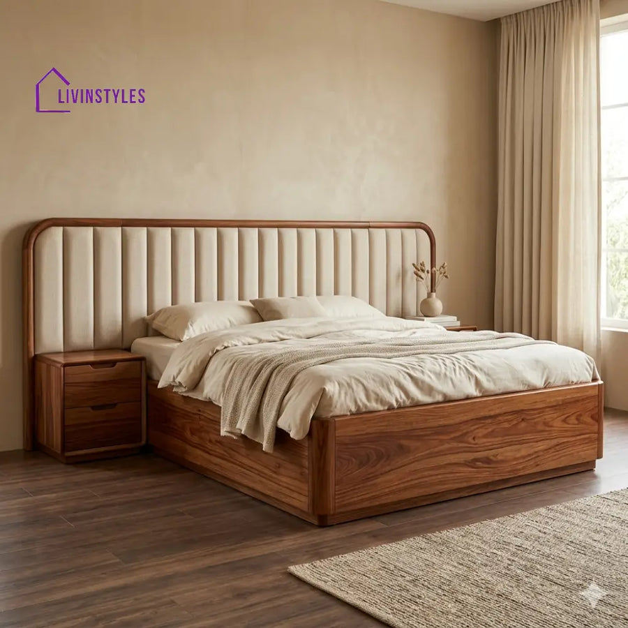 Yuri Premium Sheesham Wood Bed with Velvet Headboard