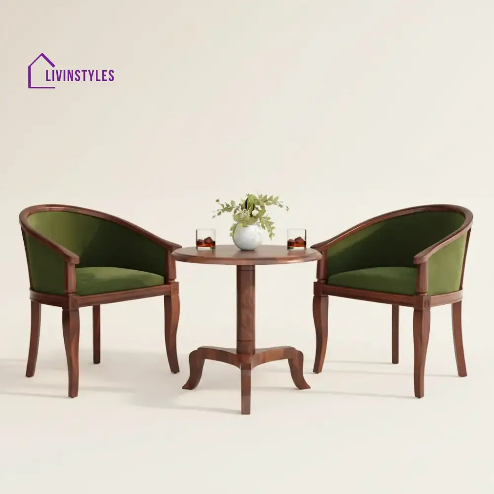 Yuvika Sheesham Wood Balcony Set | 2 Chairs And 1 Table - Green Colour Fabric