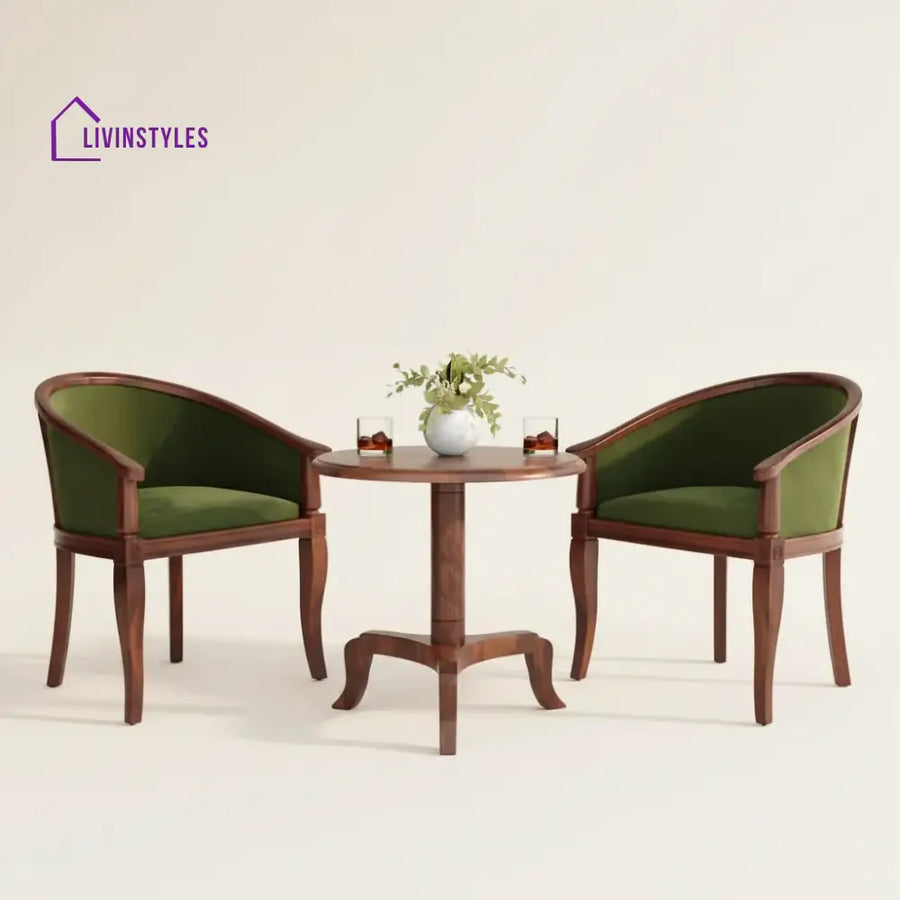 Yuvika Sheesham Wood Balcony Set | 2 Chairs And 1 Table - Green Colour Fabric
