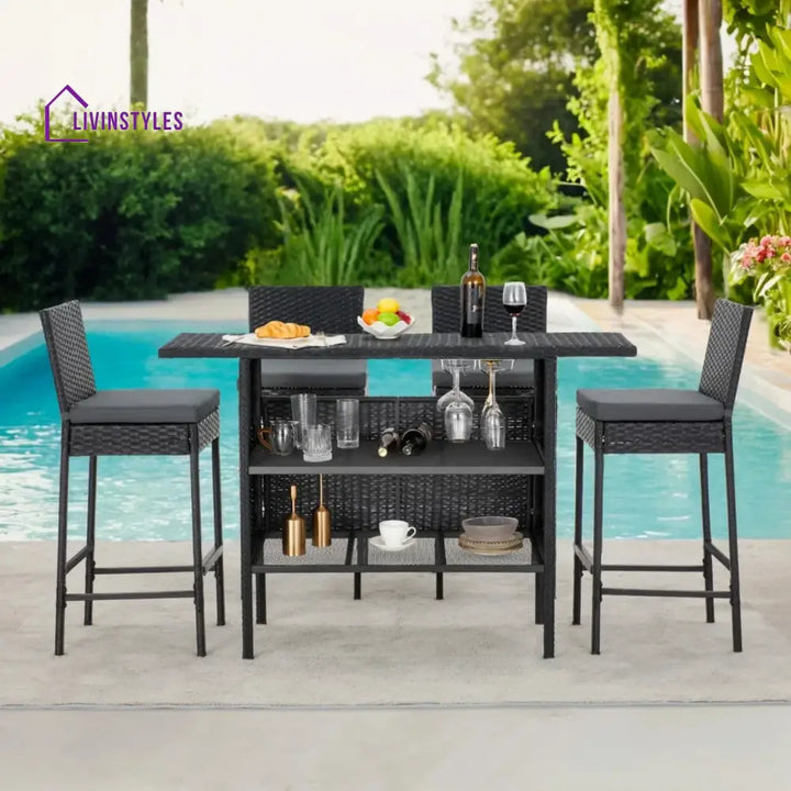 Yvette 5-Piece Outdoor Rattan Wicker Bar Set with Wicker Top Table - Bar Set