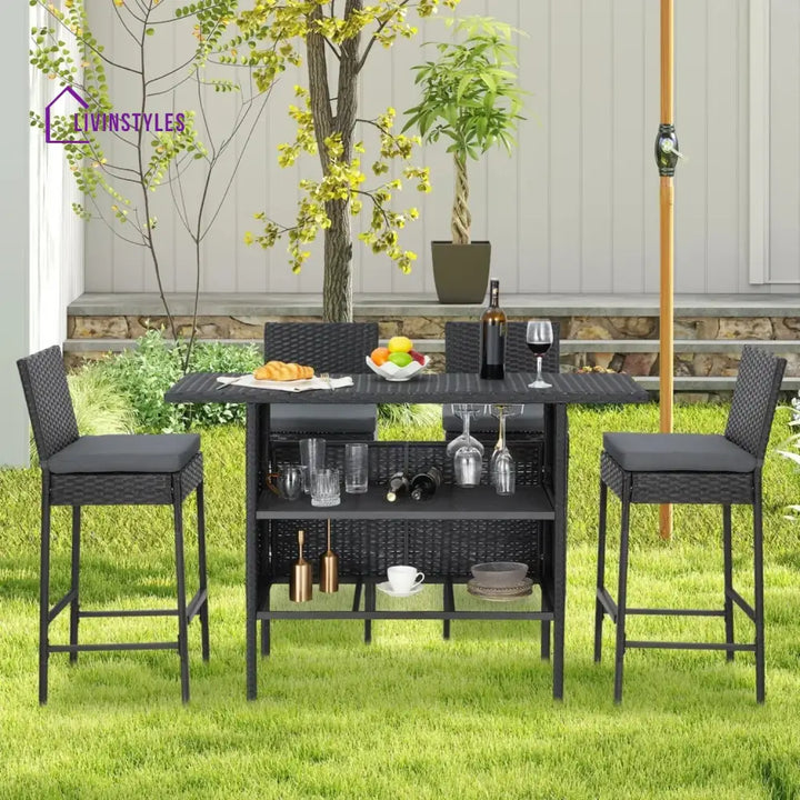 Yvette 5-Piece Outdoor Rattan Wicker Bar Set with Wicker Top Table - Bar Set