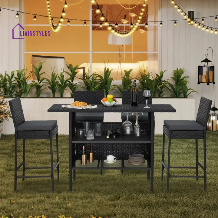 Yvette 5-Piece Outdoor Rattan Wicker Bar Set with Wicker Top Table - Bar Set