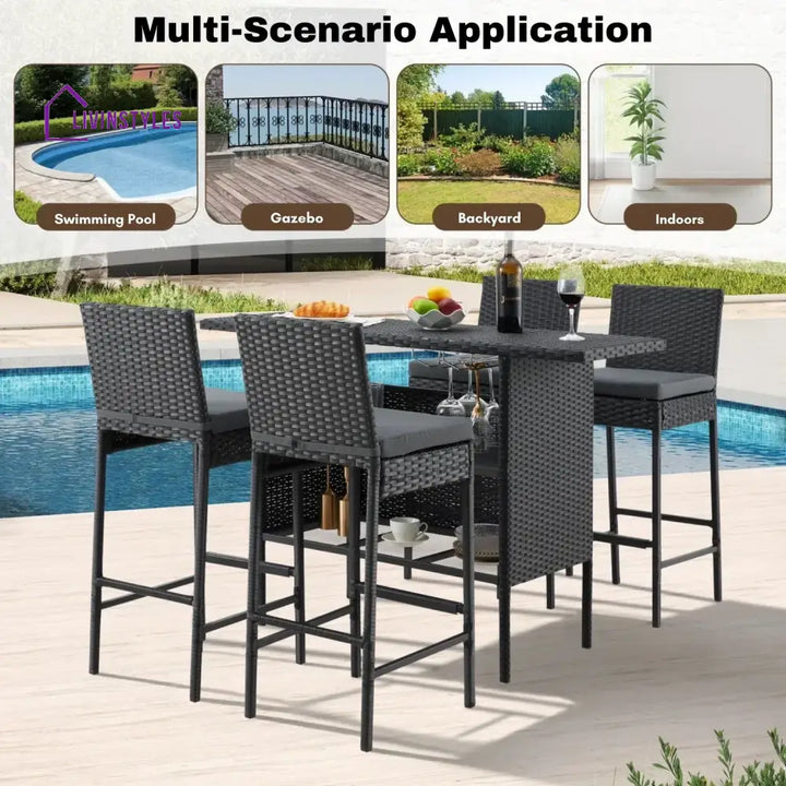 Yvette 5-Piece Outdoor Rattan Wicker Bar Set with Wicker Top Table - Bar Set
