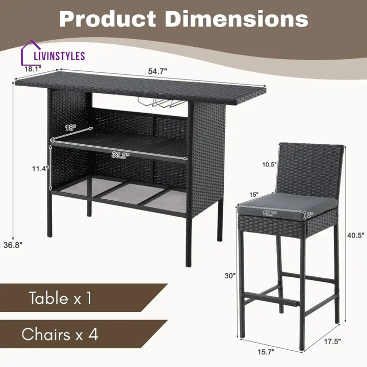 Yvette 5-Piece Outdoor Rattan Wicker Bar Set with Wicker Top Table - Bar Set