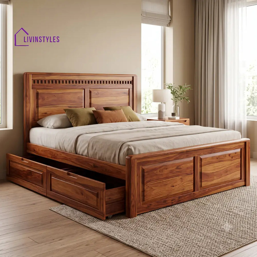 Yvonne Premium Wooden Bed with Drawer Storage | King Size Bed & Queen Size Bed Online