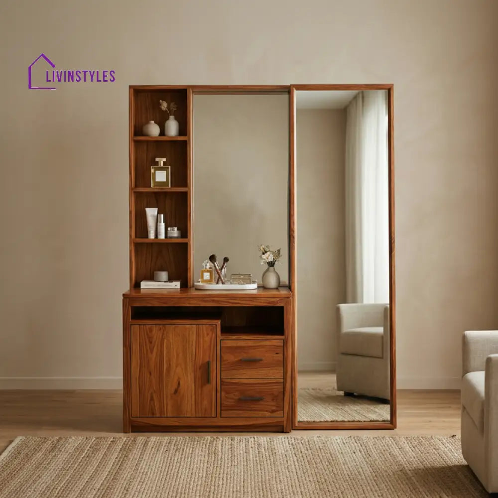 Zachary Sheesham Wood Dressing Table with Mirror and Storage (Honey Finish)