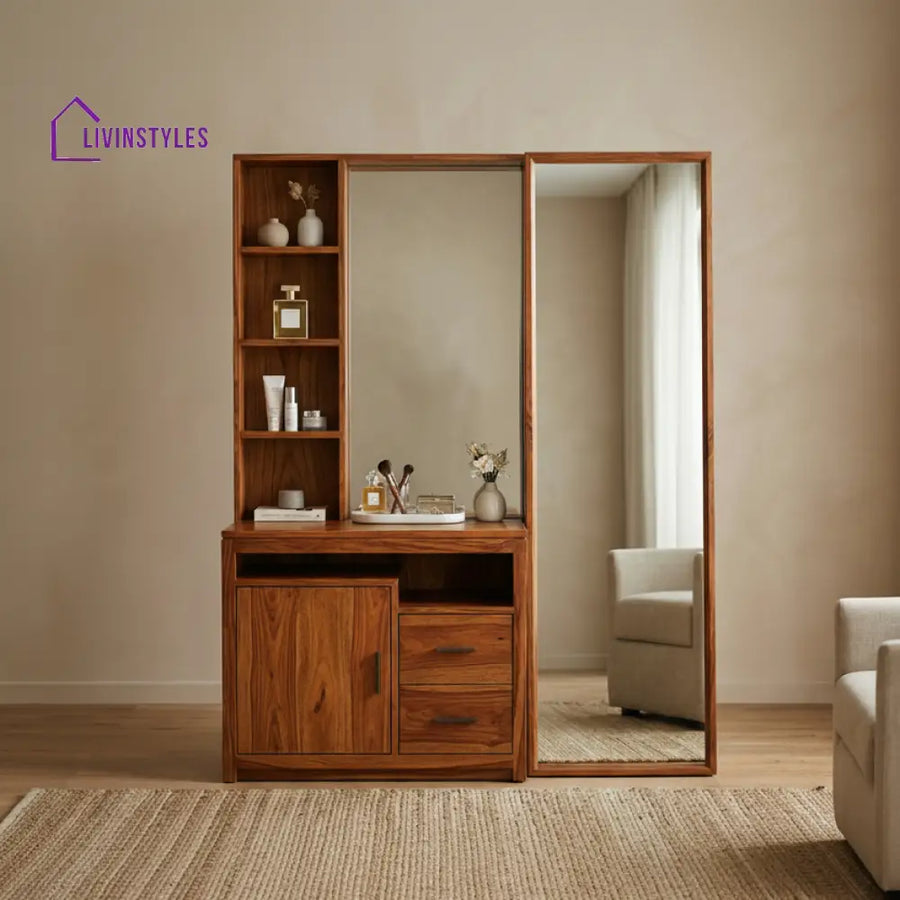 Zachary Sheesham Wood Dressing Table with Mirror and Storage (Honey Finish)