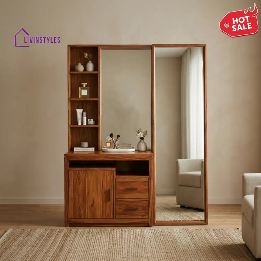 Zachary Sheesham Wood Dressing Table with Mirror and Storage (Honey Finish)