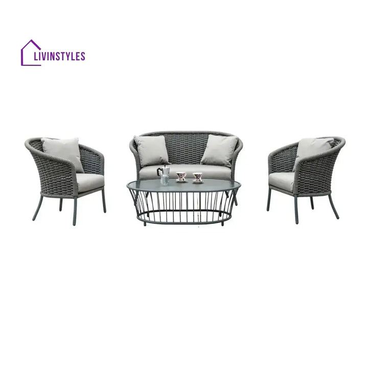Zahra Outdoor Grey Rope 4 Piece Patio Sofa Set with Light Grey Cushions - Sofa Set
