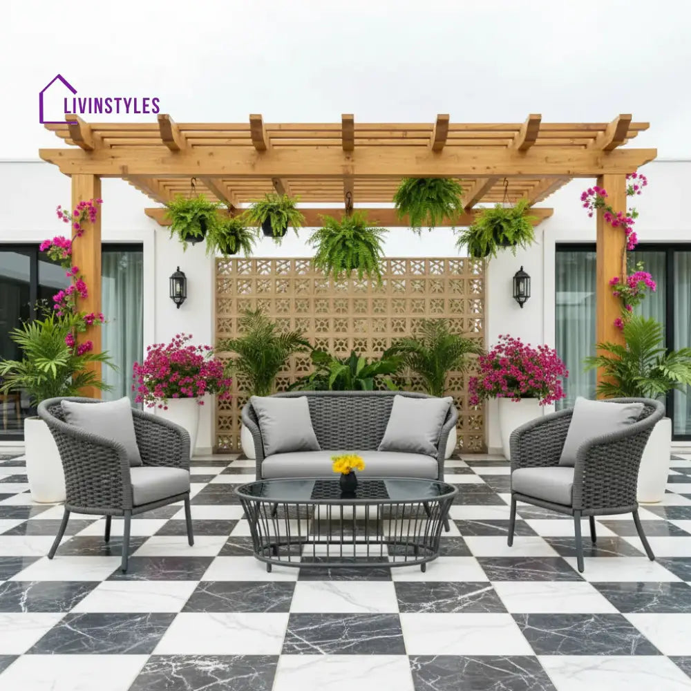 Zahra Outdoor Grey Rope 4 Piece Patio Sofa Set with Light Grey Cushions - Sofa Set