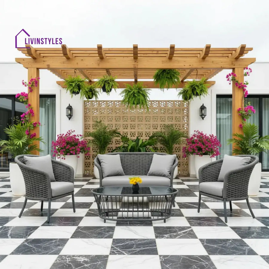 Zahra Outdoor Grey Rope 4 Piece Patio Sofa Set with Light Grey Cushions - Sofa Set