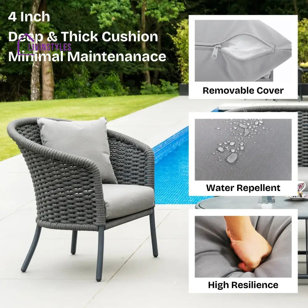 Zahra Outdoor Grey Rope 4 Piece Patio Sofa Set with Light Grey Cushions - Sofa Set