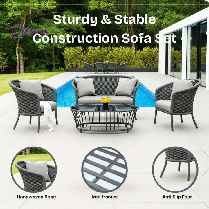 Zahra Outdoor Grey Rope 4 Piece Patio Sofa Set with Light Grey Cushions - Sofa Set