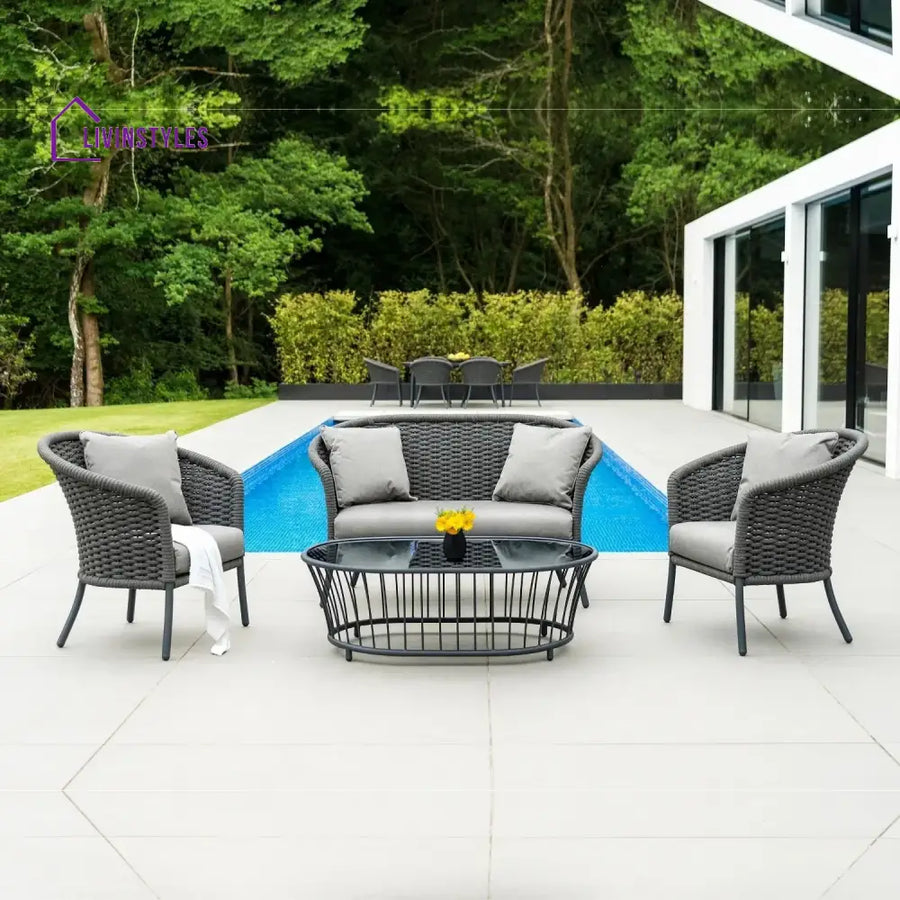 Zahra Outdoor Grey Rope 4 Piece Patio Sofa Set with Light Grey Cushions - Sofa Set