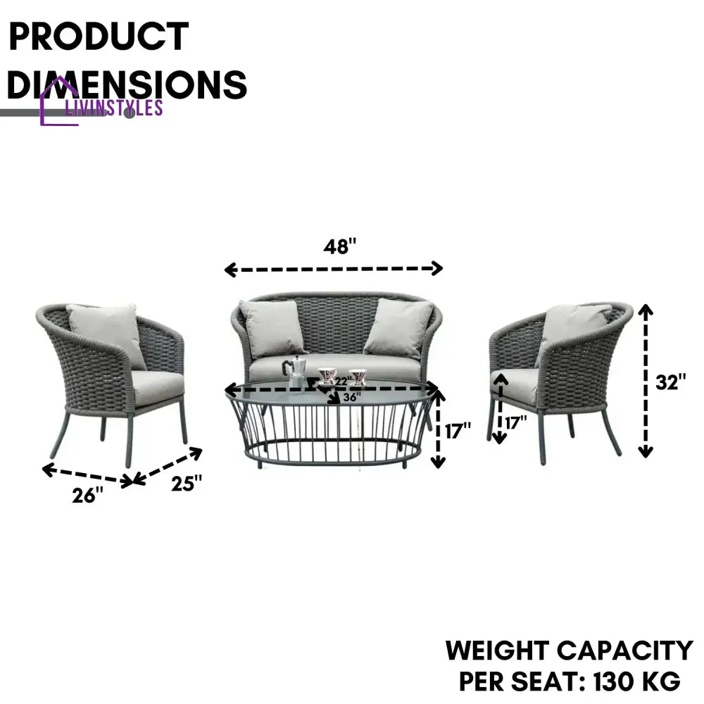 Zahra Outdoor Grey Rope 4 Piece Patio Sofa Set with Light Grey Cushions - Sofa Set