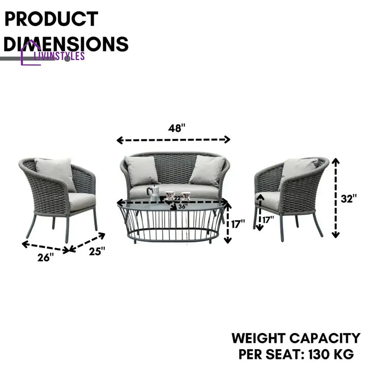 Zahra Outdoor Grey Rope 4 Piece Patio Sofa Set with Light Grey Cushions - Sofa Set