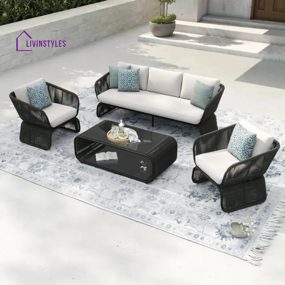 Zainab Outdoor Braided Rope Sofa Set With 2-Tier Glass Top Table - Sofa Set