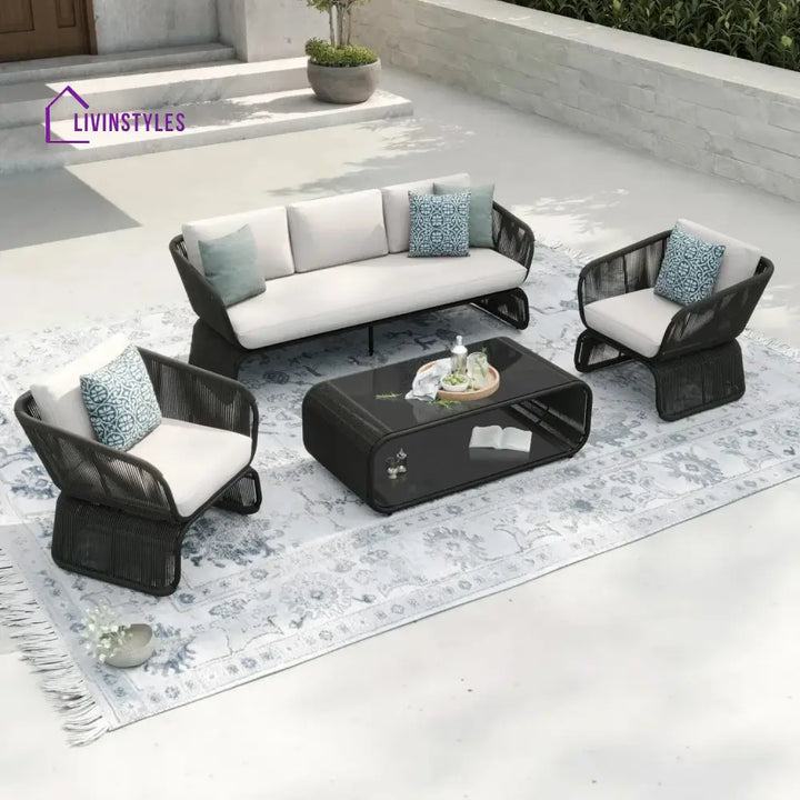 Zainab Outdoor Braided Rope Sofa Set With 2-Tier Glass Top Table - Sofa Set
