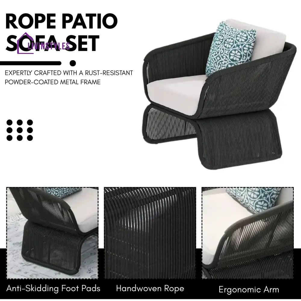 Zainab Outdoor Braided Rope Sofa Set With 2-Tier Glass Top Table - Sofa Set