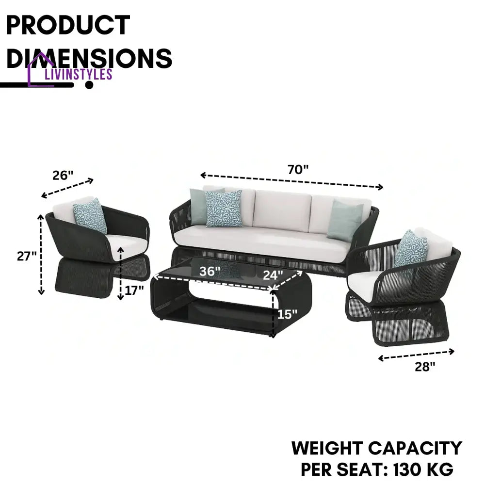 Zainab Outdoor Braided Rope Sofa Set With 2-Tier Glass Top Table - Sofa Set