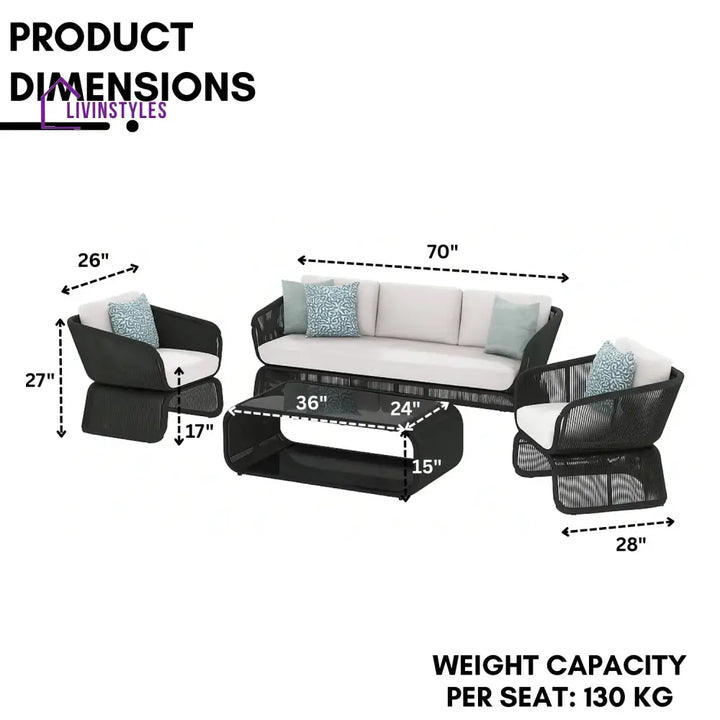 Zainab Outdoor Braided Rope Sofa Set With 2-Tier Glass Top Table - Sofa Set