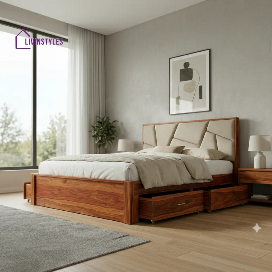 Zane Premium Sheesham Wood Bed with Fabric Headboard