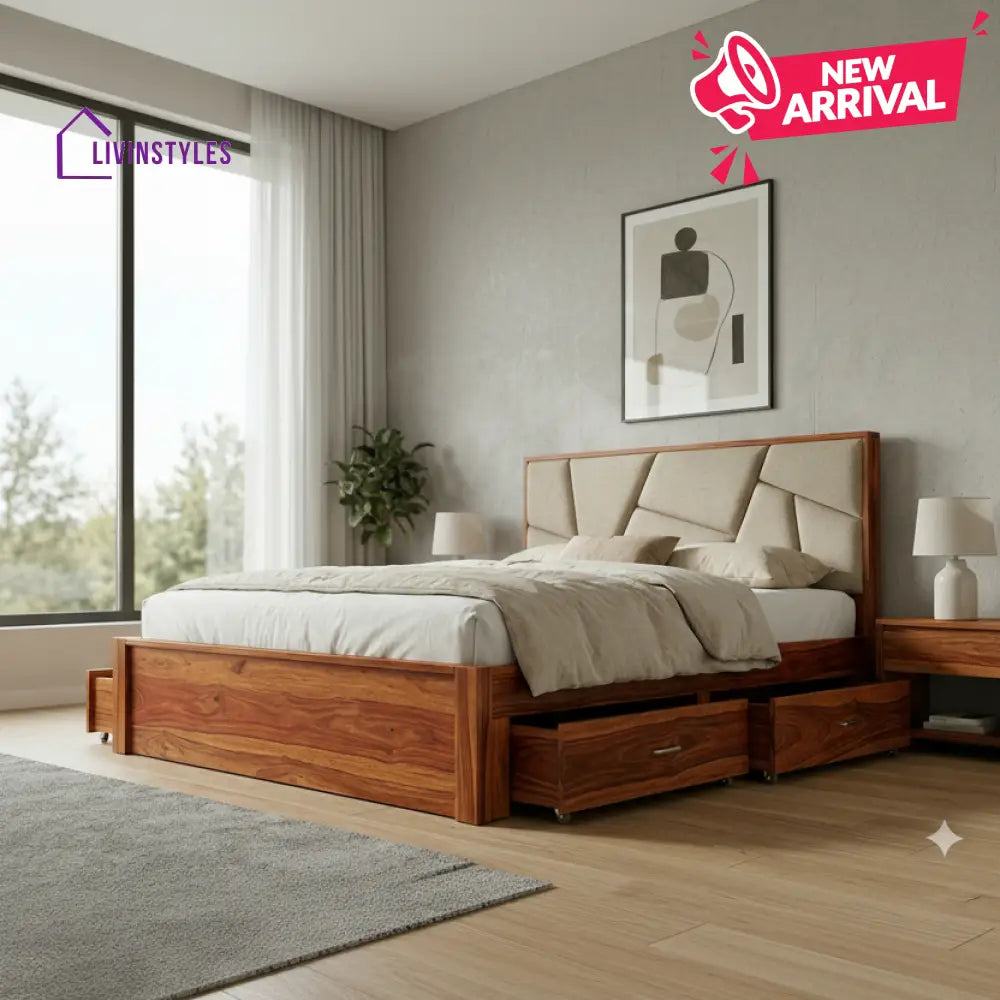 Zane Premium Sheesham Wood Bed with Fabric Headboard