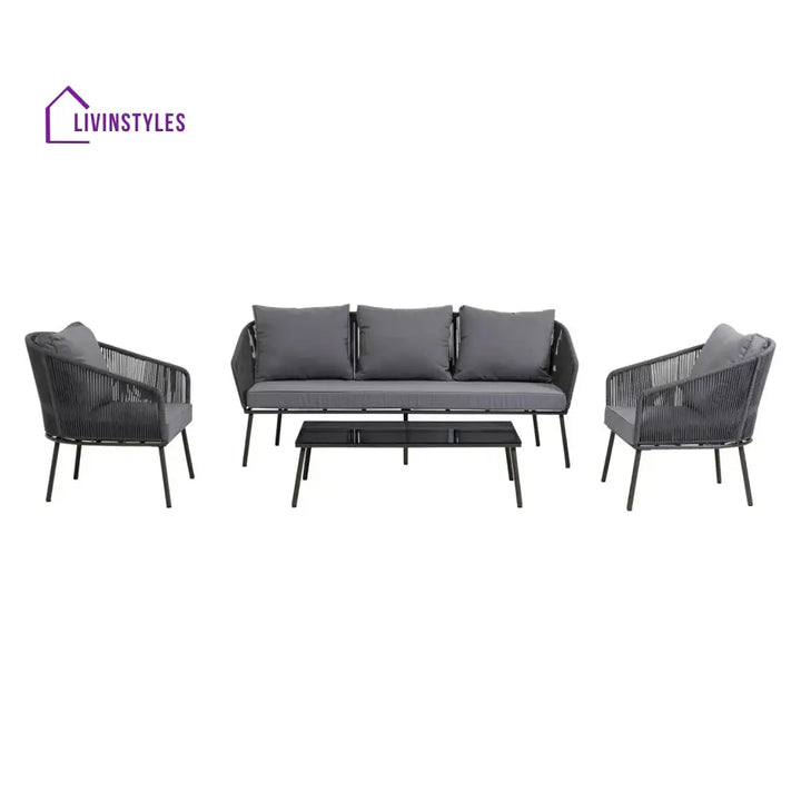 Zariah Outdoor Rope 5-Seater Patio Sofa Set with Glass Top Table (Grey) - Sofa Set