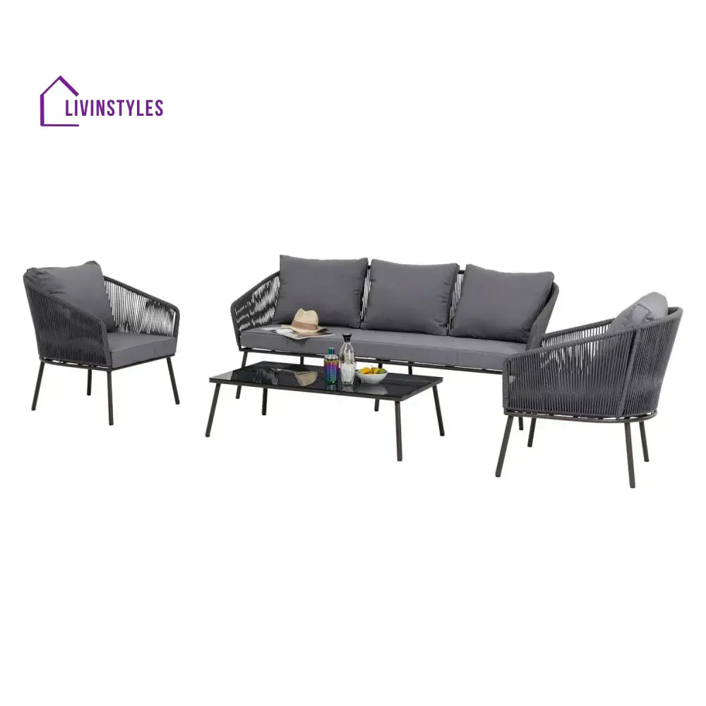 Zariah Outdoor Rope 5-Seater Patio Sofa Set with Glass Top Table (Grey) - Sofa Set