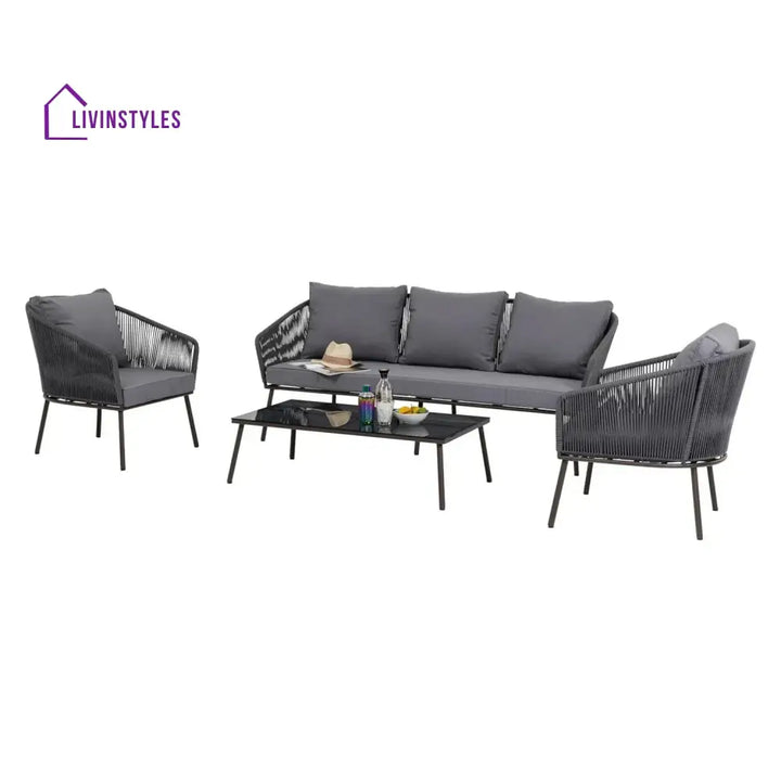 Zariah Outdoor Rope 5-Seater Patio Sofa Set with Glass Top Table (Grey) - Sofa Set