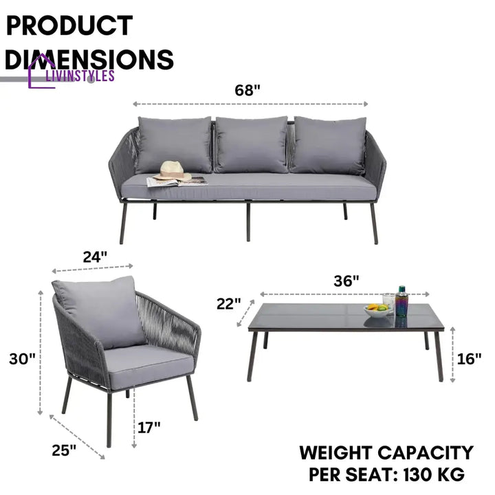 Zariah Outdoor Rope 5-Seater Patio Sofa Set with Glass Top Table (Grey) - Sofa Set