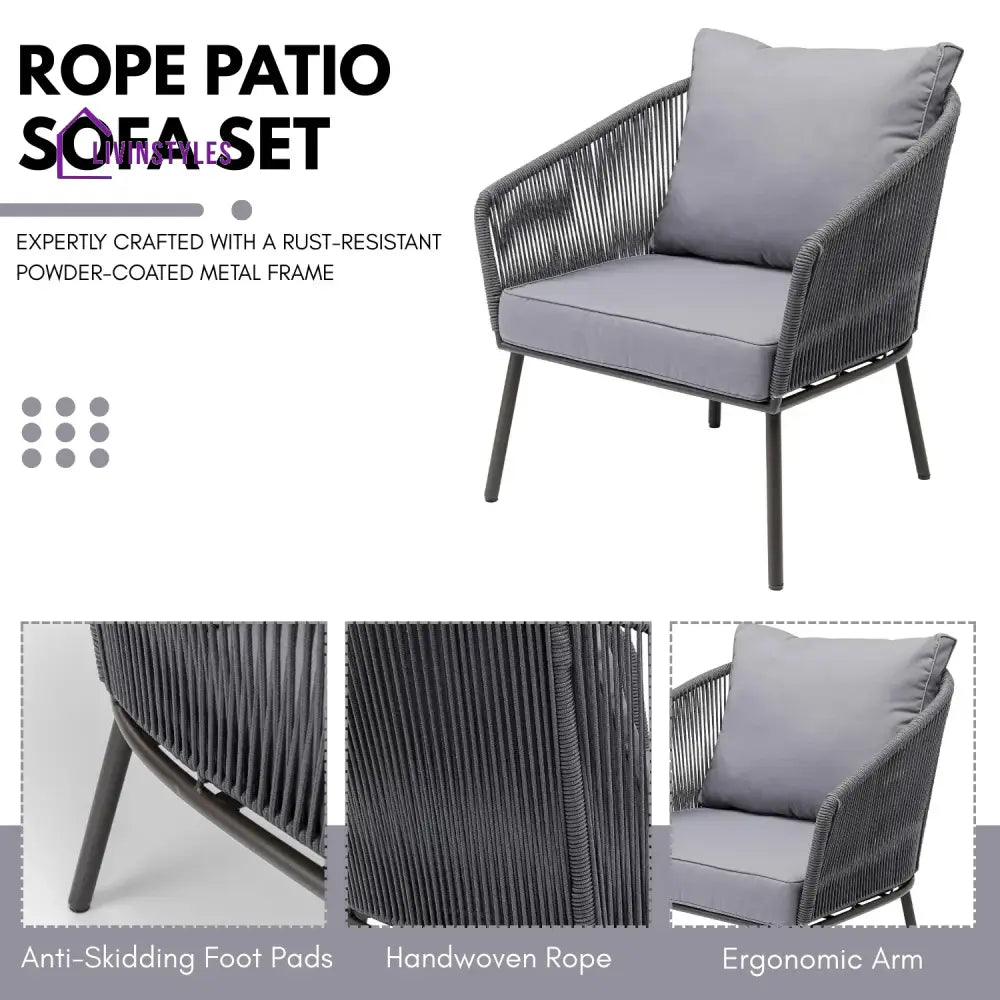 Zariah Outdoor Rope 5-Seater Patio Sofa Set with Glass Top Table (Grey) - Sofa Set